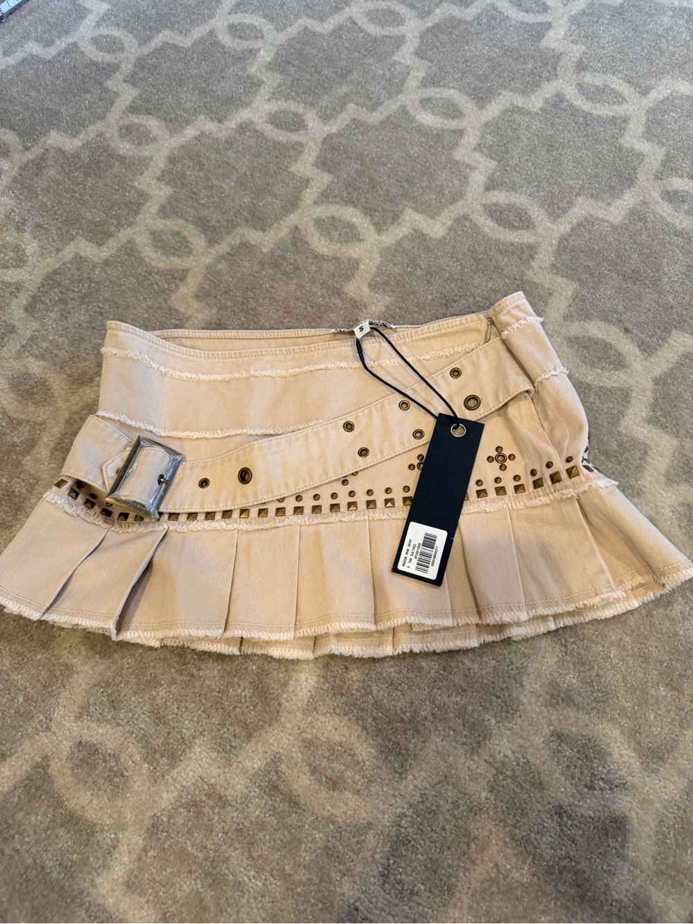 I.AM.GIA Beige Pleated Mini Skirt with Stud & Buckle Detail